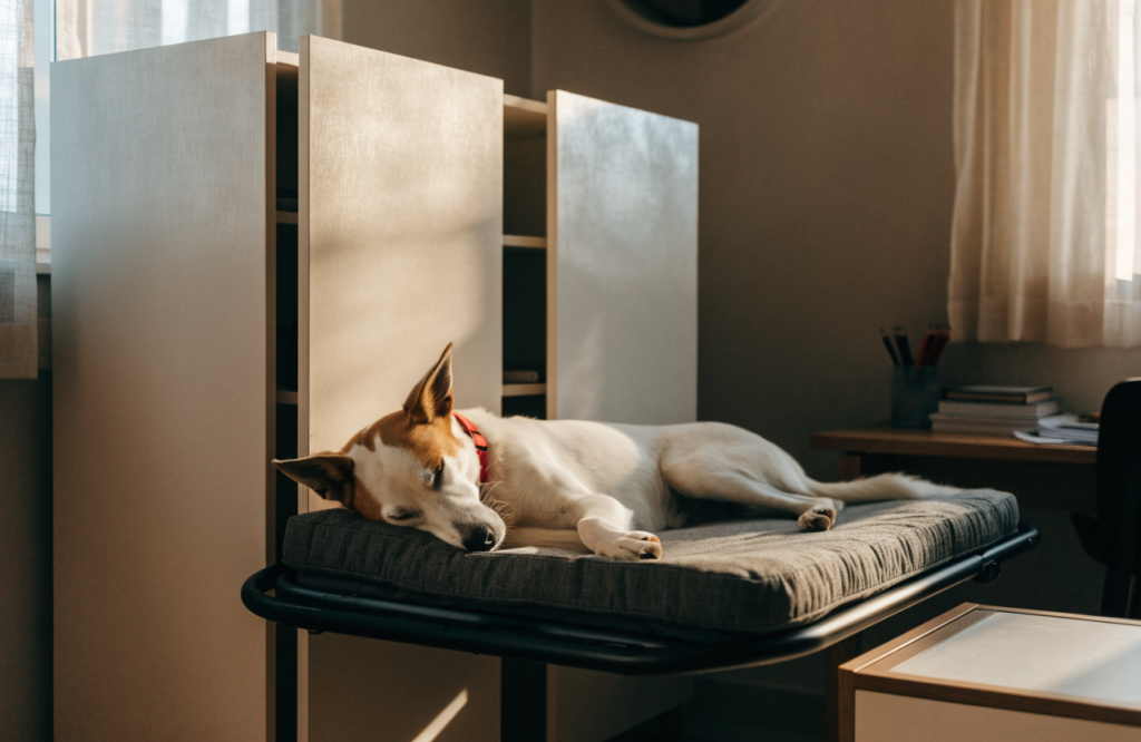 Dog asleep on a fold-down wall dog bed in a home office
