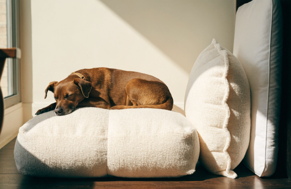 Dog asleep on a large pillow-style dog bed beside two cushions