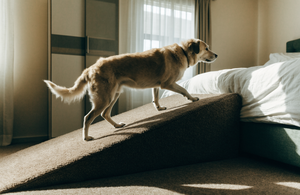 Dog walking up a long gentle carpeted ramp onto a bed