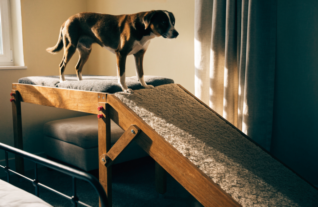 Dog standing on top of an adjustable wooden dog ramp