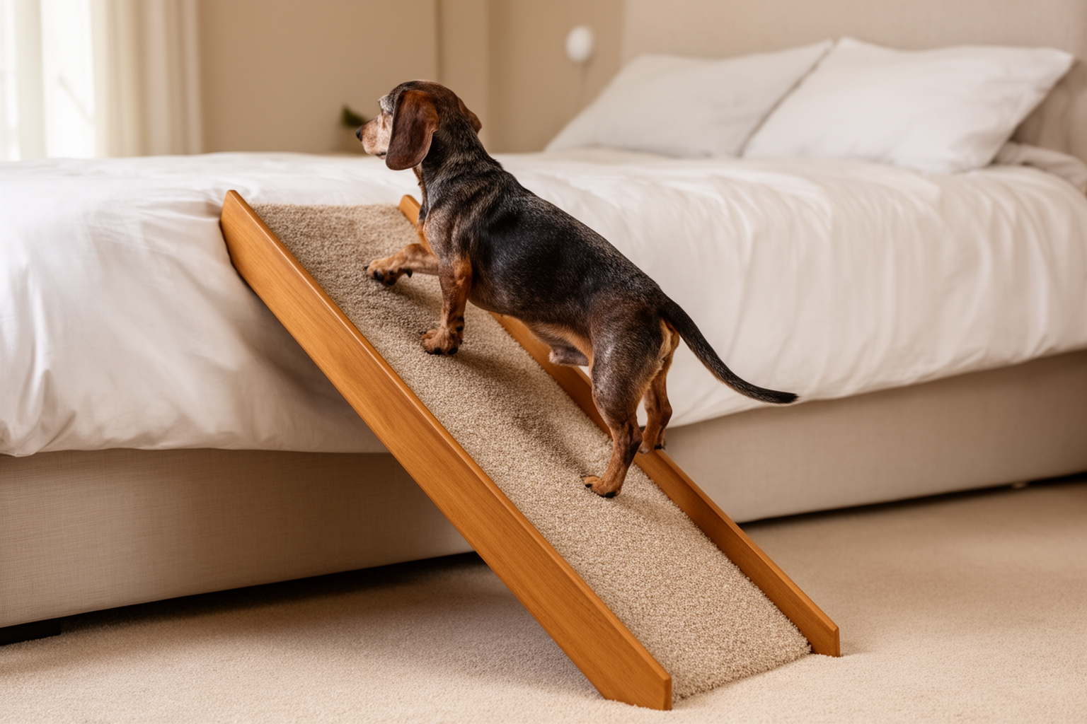 A carpeted wooden dog ramp leaning against a bed, a dachshund walking up it.