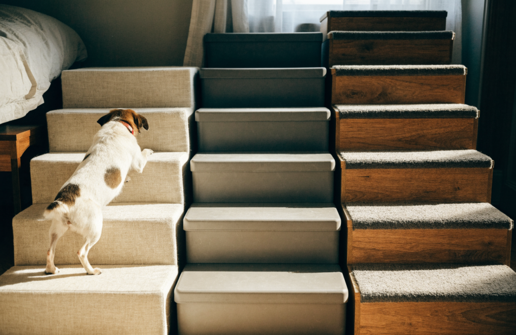 Foam, plastic and carpeted wooden dog stairs compared
