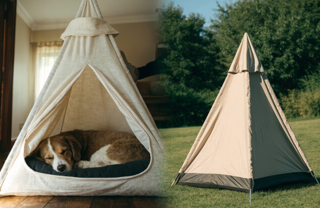 Indoor cotton teepee dog bed beside an outdoor dog tent