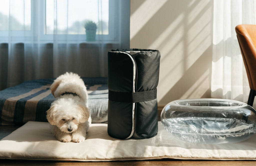 Flat pad, roll-up and inflatable dog travel beds with a small dog