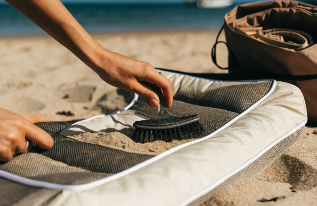 Brushing sand off a dog travel bed at the beach