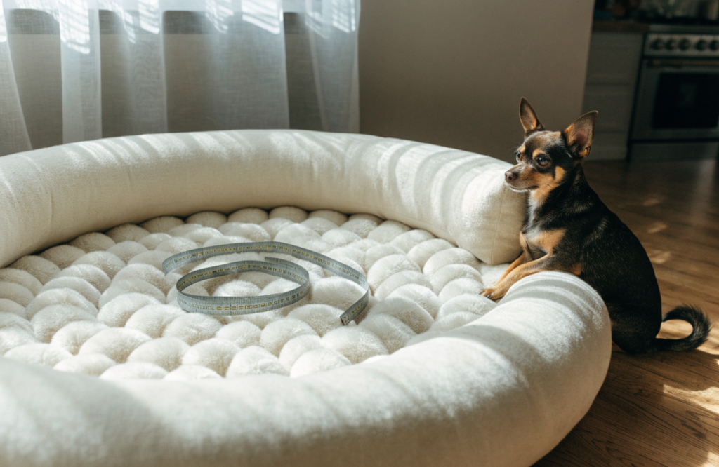 Tape measure inside the nest of a donut dog bed