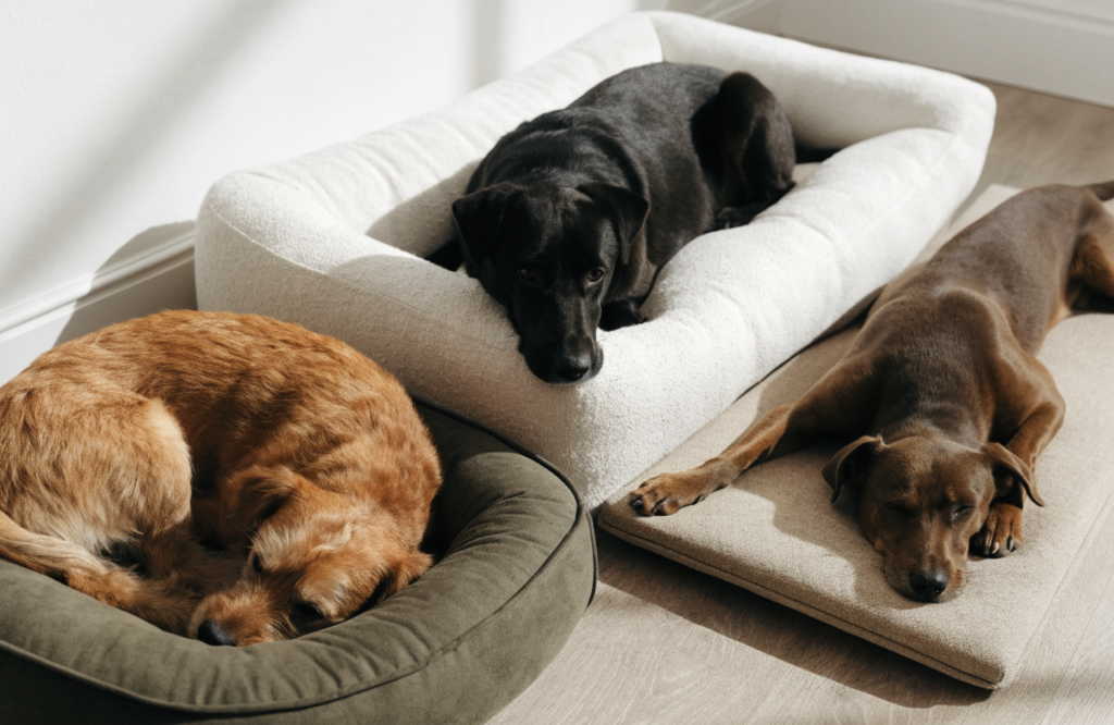 Dogs on a donut bed, a bolster sofa bed and a flat orthopedic bed