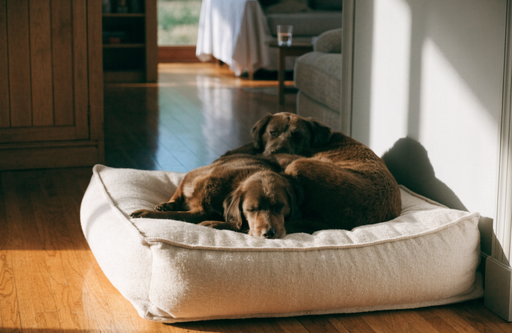 Two dogs sharing a large double dog bed against a wall