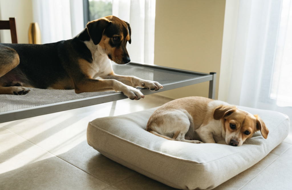Young dog on a raised cot beside a dog on a cushion bed