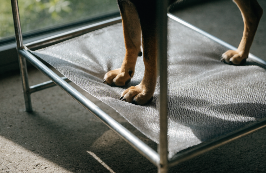 Dog paws on the taut mesh of an elevated steel-frame bed