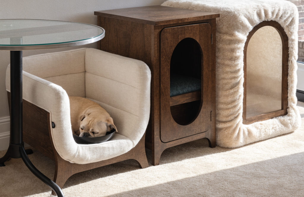 Open, crate-style and covered end table dog beds side by side