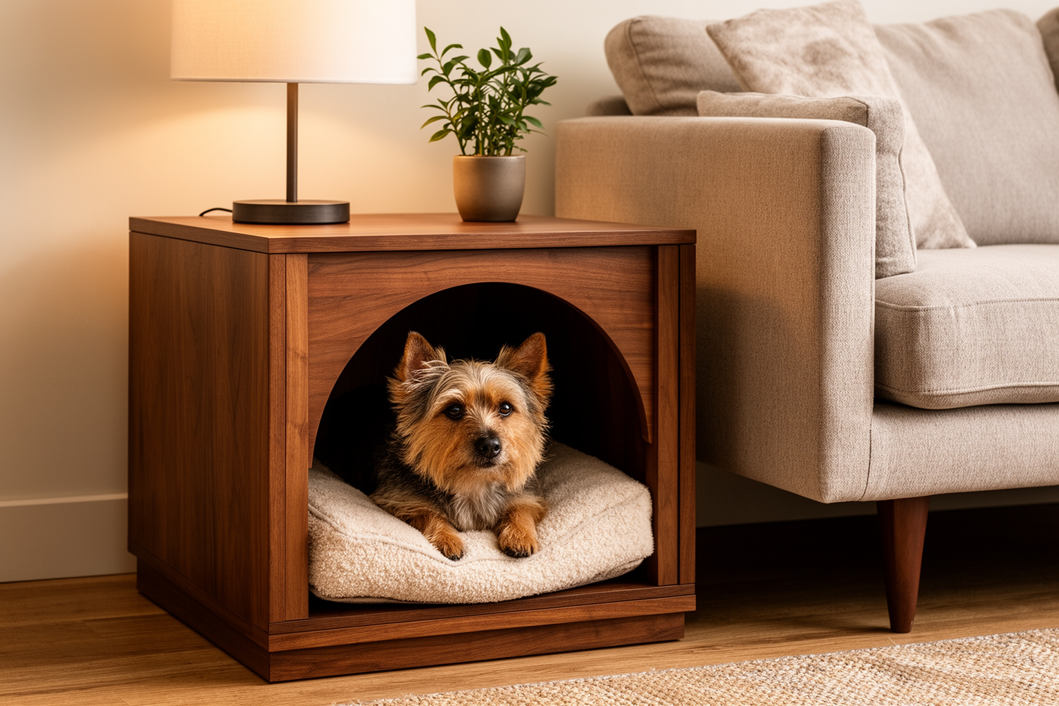 A walnut end table with an arched dog bed cubby, a terrier lying inside next to a sofa.