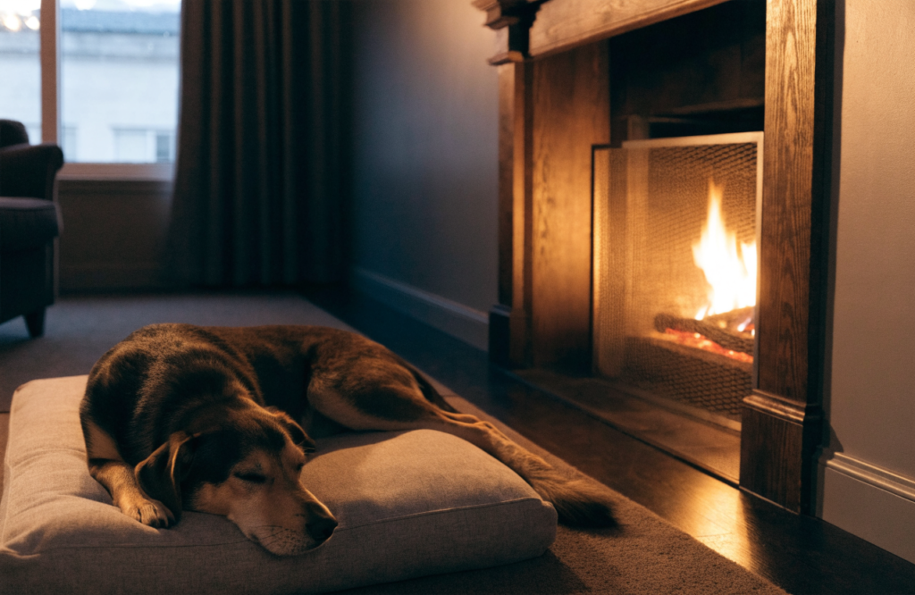 Dog on a firm bed a safe distance from a screened fireplace