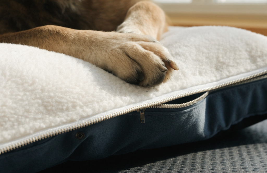 Dog paw on a fleece bed with a zippered removable cover