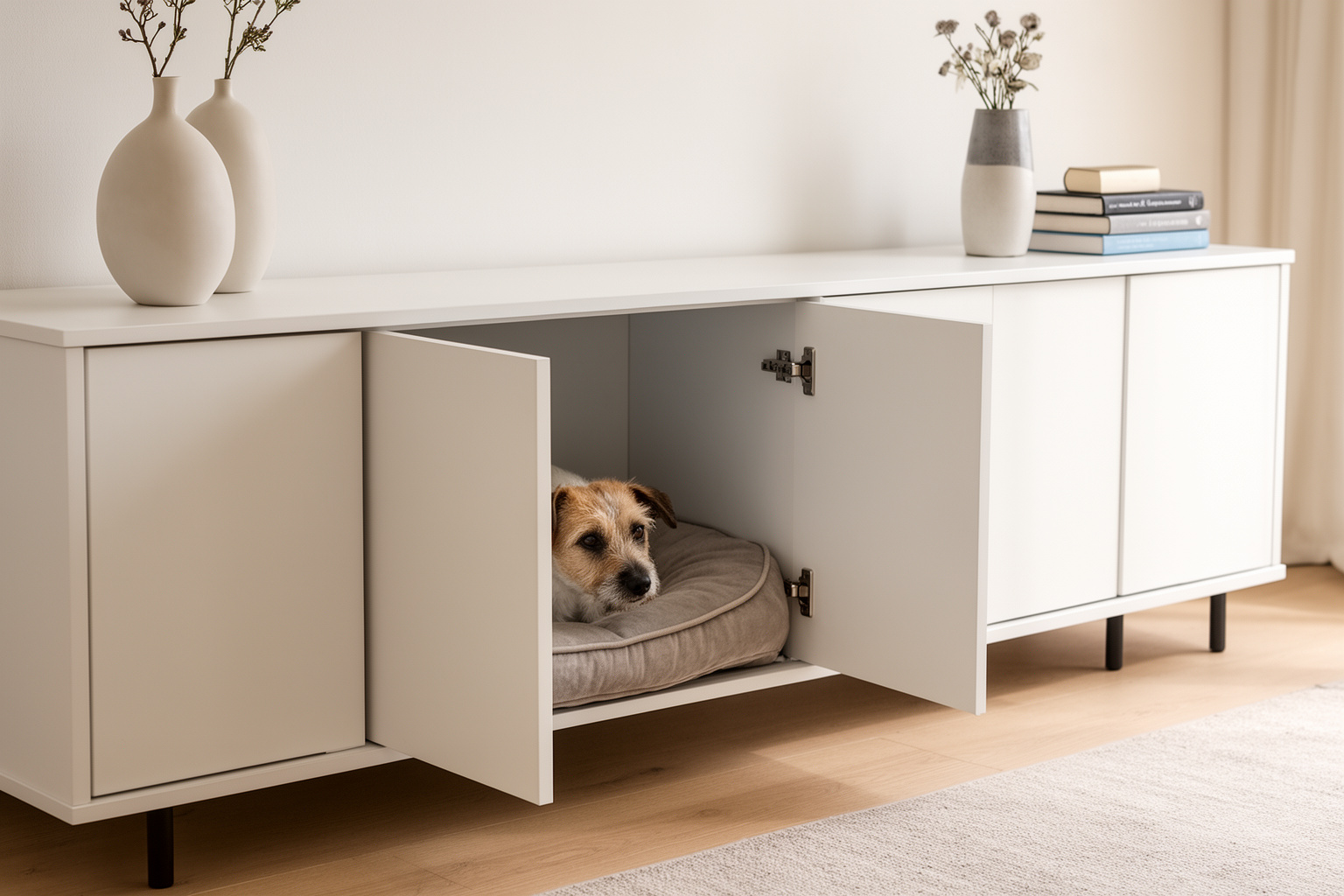 A white sideboard cabinet with an open door revealing a hidden dog bed and a small dog inside.