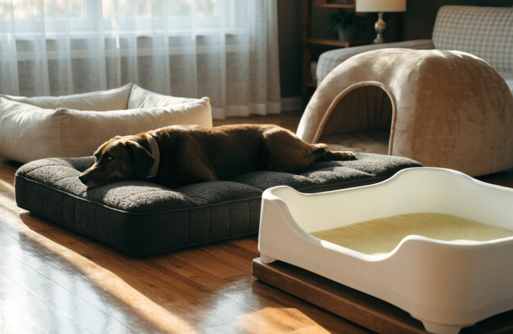 Orthopedic, bolster, cave and raised indoor dog beds in one room