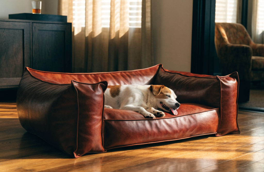 Dog asleep on a cognac leather bolster dog bed