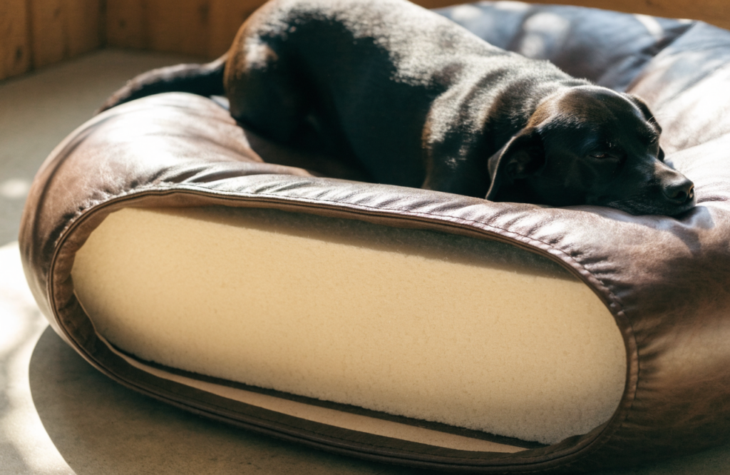 Leather dog bed cut open to show its foam core
