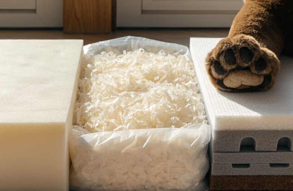 Solid slab, shredded and layered memory foam compared