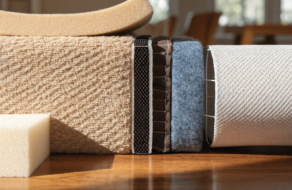 Foam, fabric and fill layers of an orthopedic dog bed compared with a soft cushion