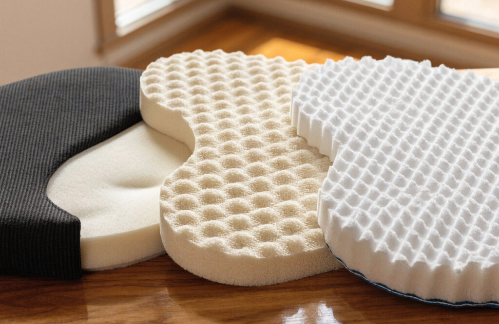 Memory foam, dense orthopedic foam and egg-crate foam side by side
