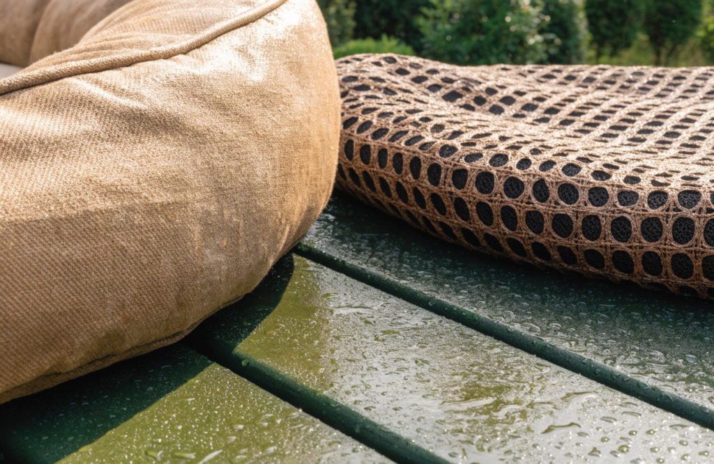 Outdoor canvas cushion and mesh sling drying after rain