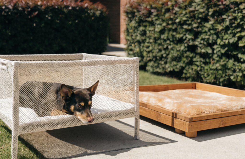 Mesh cot and raised wooden platform outdoor dog beds on a patio