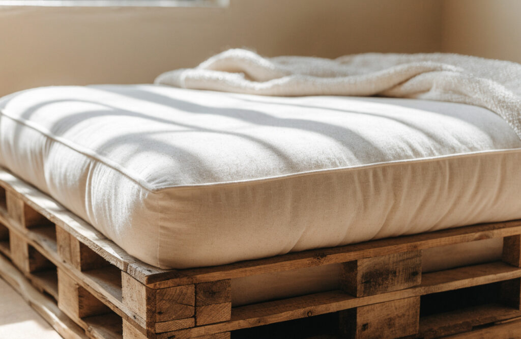 Thick foam mattress in a removable cover inside a raised wooden pallet frame with a low front lip