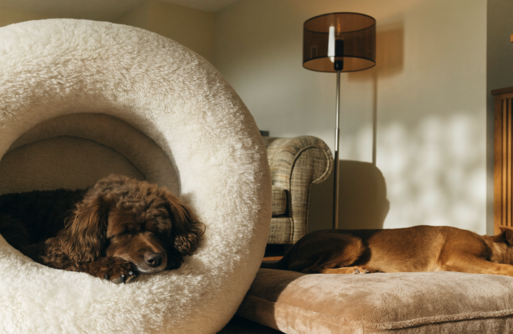 Curled dog in a plush donut bed and a stretched dog on a plush flat bed