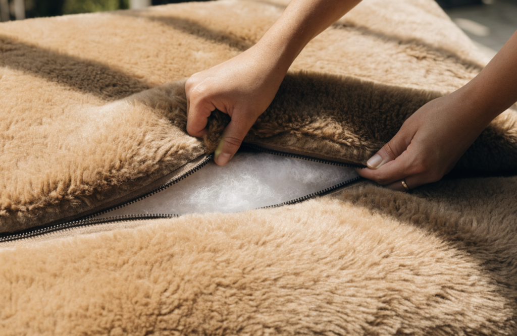Unzipping a plush dog bed cover to check the fill