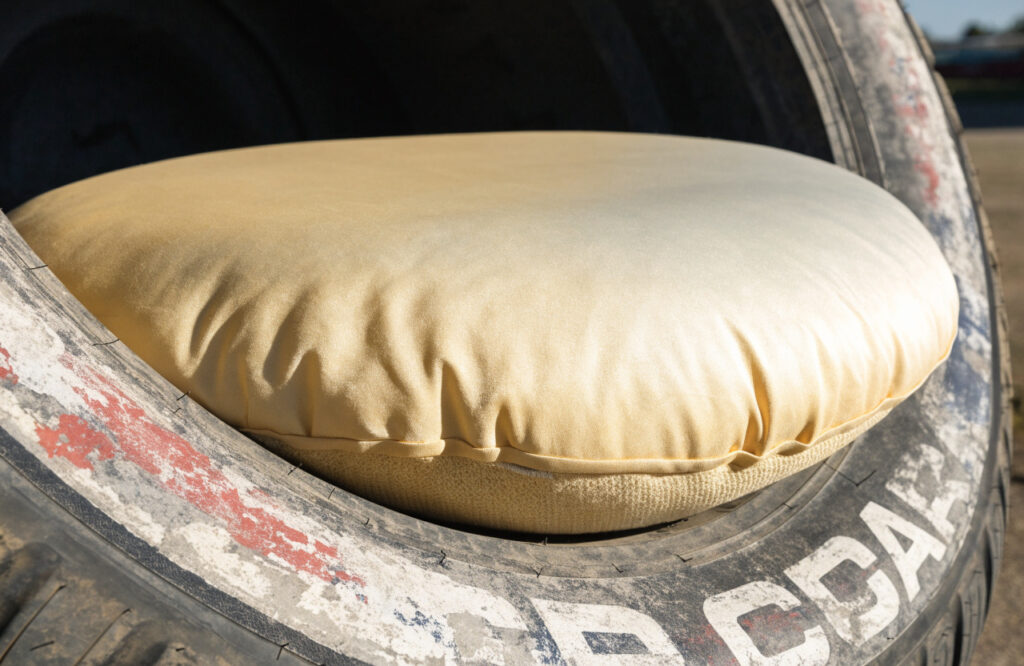 Thick round cushion with a washable cover filling the inside of a painted tire dog bed