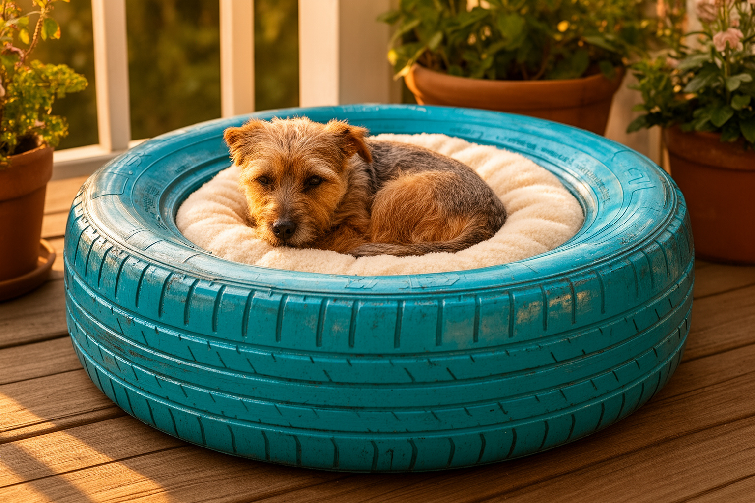 An old tire painted turquoise and turned into a dog bed with a cream cushion, a terrier curled inside.