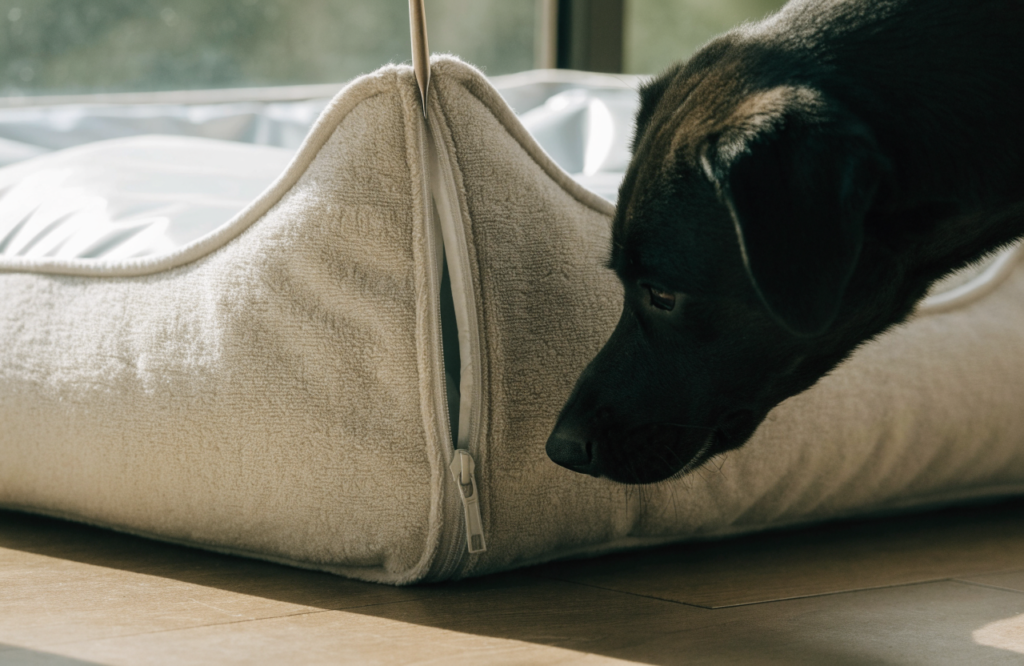 Dog sniffing the zipper of a washable dog bed cover