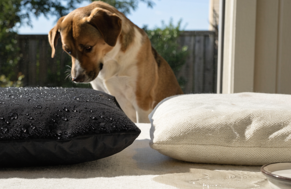 Water beading on a waterproof cover beside a soaked fabric bed