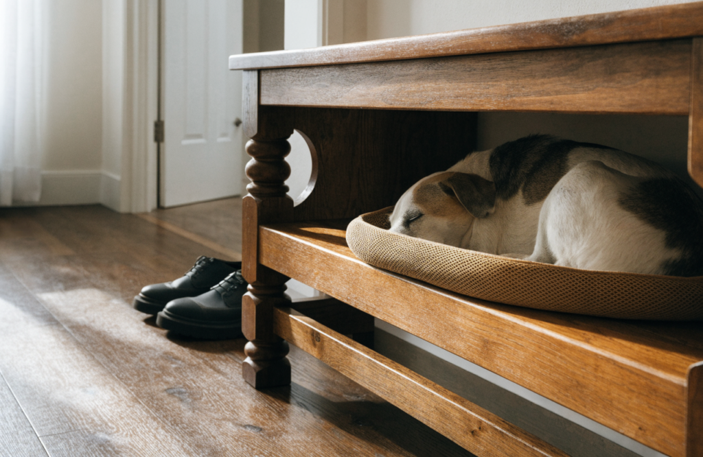 Dog asleep on a low-profile bed under an entry bench