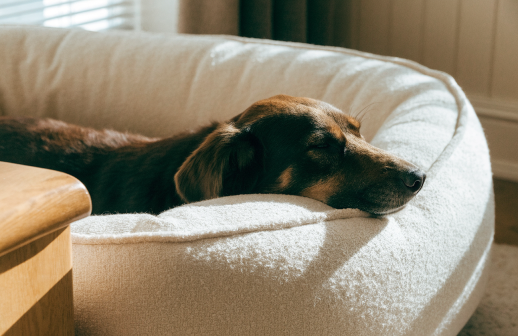 Dog resting its chin on the raised edge of a bolster bed