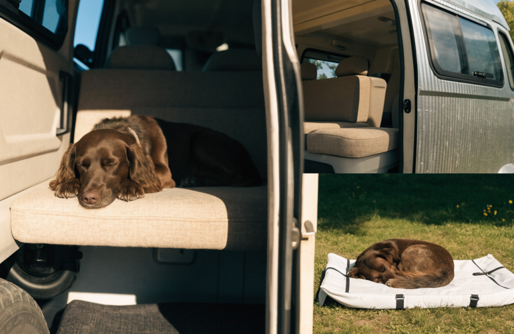 Dog sleeping on a camper dinette bench and on a pad outside