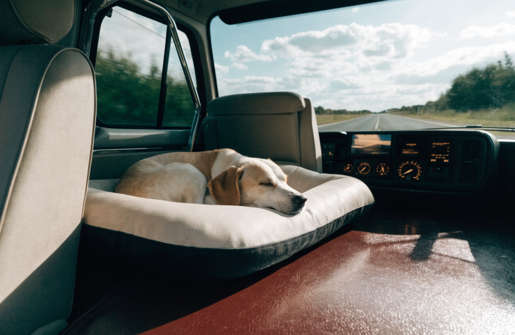 Dog on a nonslip bed on the camper floor during a drive
