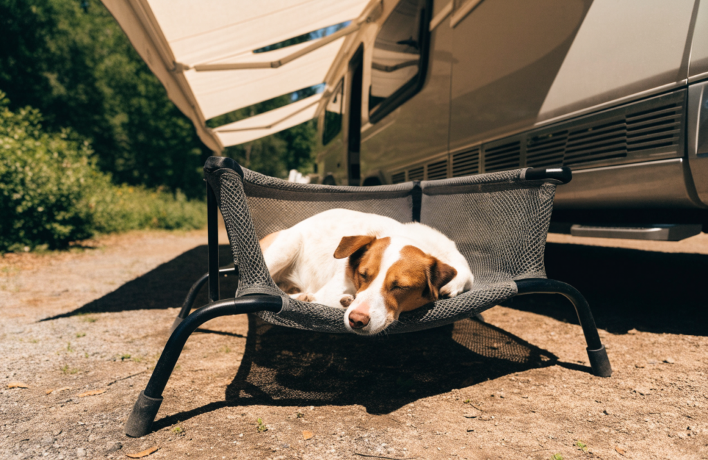 Dog on an elevated mesh cot outside a camper under the awning