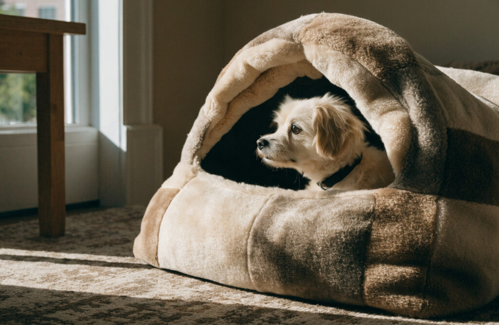 Small dog peeking out of a hooded fleece cave bed near a window