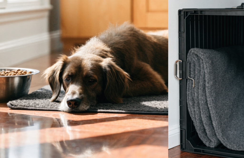 Dog resting on a mat by its bowl, and a mat folded in a crate