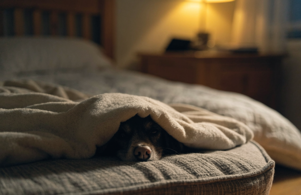 Dog burrowed under a blanket on its dog bed