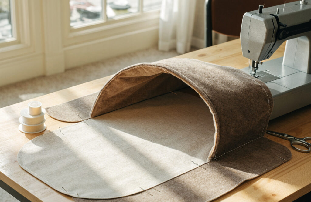 Fabric pieces for a dog cave bed base, wall and hood laid out beside a sewing machine