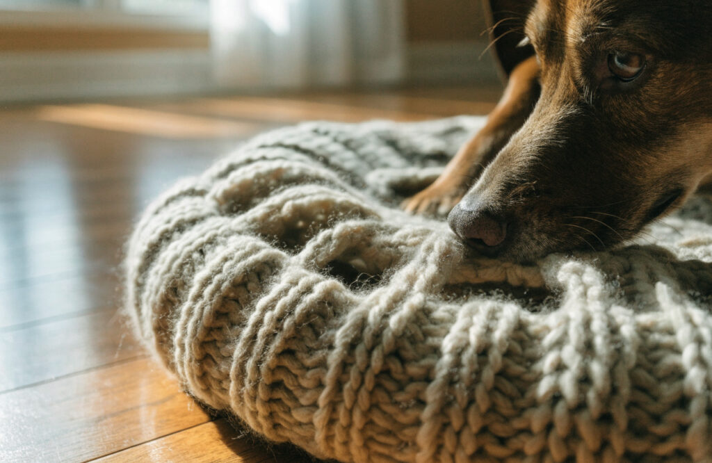 Dog sniffing the loose loops of a chunky knit dog bed