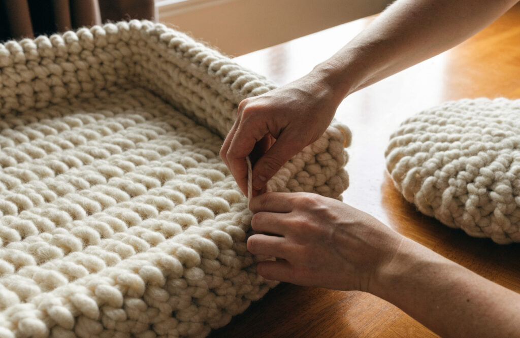 Hands knitting the side wall of a chunky cream dog bed with the cushion insert beside it