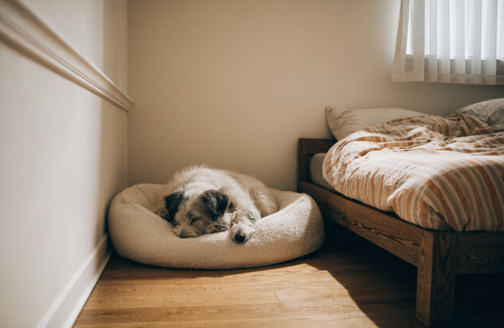 Dog asleep on a big bed in the corner beside the human bed
