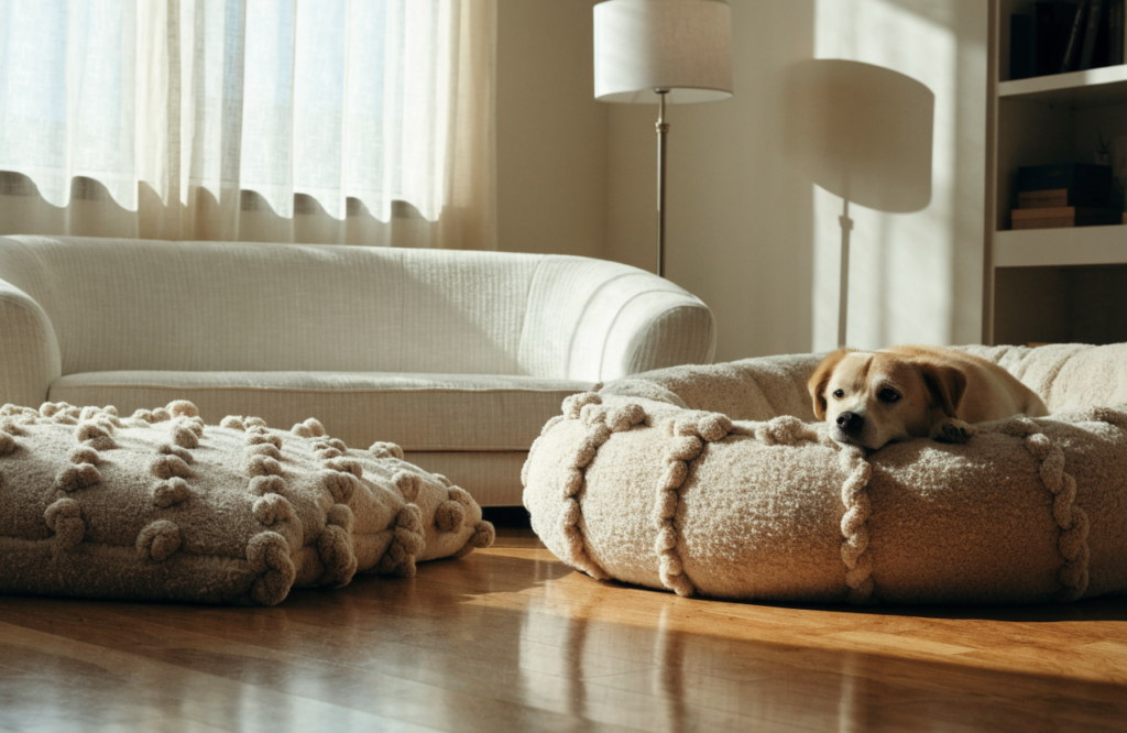 Two finished no-sew fleece dog beds, a flat mat and a bolster version