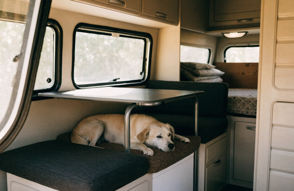 Dog resting on the dinette bench inside an RV