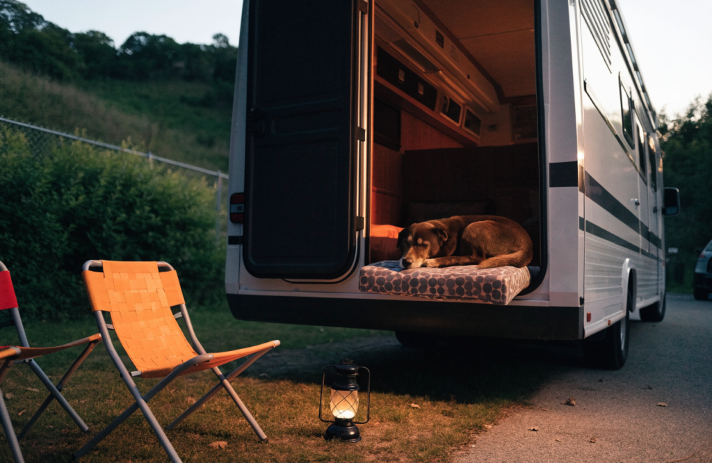 Dog asleep on a bed in a parked RV at a campsite