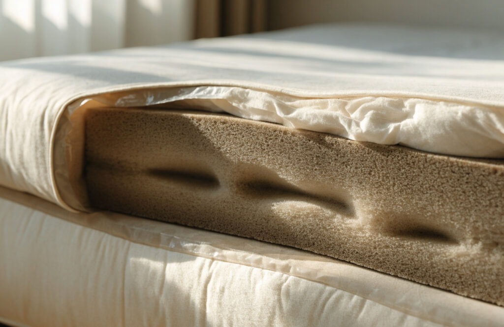 Dense foam core of a twin mattress next to a thin soft topper